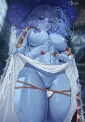 1girls areolae belly_button big_breasts blue_eyes blue_hair blue_skin breasts elden_ring female female_only fromsoftware large_breasts looking_at_viewer mituee multi_arm multi_limb navel nipples one_eye_closed pussy ranni_the_witch solo solo_female thick thick_thighs thighs voluptuous