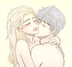 1boy 1girls blonde_hair blush closed_eyes crimsonblume crossover crossover_pairing disney dreamworks elsa elsa_(frozen) embrace embracing female frozen frozen_(film) hand_in_hair hugging implied_sex jack_frost jack_frost_(rise_of_the_guardians) jelsa male male/female open_mouth paramount_pictures rise_of_the_guardians romantic shirtless straight