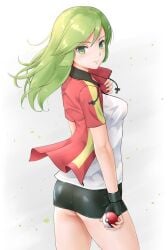 1girls 2d ace_trainer_(pokemon) ace_trainer_(pokemon_oras) ass booty_shorts female green_eyes green_hair jacket jacket_open long_hair looking_at_viewer npc_trainer pokemon pokemon_trainer short_shorts shorts trainer white_background white_shirt