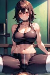 ai_generated big_breasts black_clothing black_hair blush brown_eyes bulge bulge_through_clothing choker cropped_shirt fit_futanari futanari gym gym_clothes light-skinned_futanari promptchan short_hair sweat sweating yoga_pants