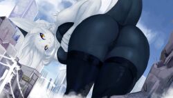 anthro ass big_butt blue_sky breasts building city clothing felid feline female genitals legwear macro mammal micro pantyhose pussy sky solo solutionwcs unknown_species white_body yellow_eyes