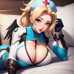 ai_generated angel exe56 laying_on_bed mercy nurse_cap nurse_uniform overwatch overwatch_2