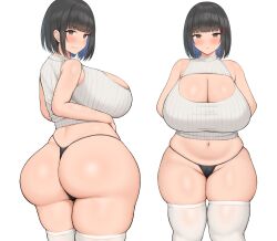 1girls ass black_hair black_thong blush breasts chubby dat_ass embarrassed female front_and_back hi_res huge_ass huge_breasts midriff neneneji no_pants original original_character panties short_hair sweat sweatdrop thick_thighs thighs thong voluptuous white_background wide_hips