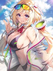 aki_rosenthal bikini black_bikini blonde_hair blue_eyes blue_sky breasts cleavage cloud day detached_collar detached_hair eyewear_on_head female highres hololive hololive_gen_1 hololive_japan jacket kubota_masaki large_breasts long_hair long_sleeves looking_at_viewer navel open_clothes open_jacket outdoors see-through see-through_jacket sky smile solo sunglasses swimsuit virtual_youtuber