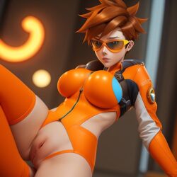 ai_generated big_breasts exe56 orange_clothing overwatch overwatch_2 pussy sunglasses tinted_eyewear tracer