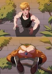 anal ass blonde_hair blush character_request impchan kim_possible male_focus male_only restrained ron_stoppable stuck_in_wall torn_clothes