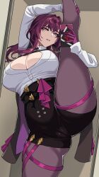 1girls breasts drogod_(artist) female hi_res hips honkai:_star_rail honkai_(series) huge_breasts indoors kafka_(honkai:_star_rail) light-skinned_female light_skin long_hair pose purple_eyes purple_hair standing_split thick_thighs thighs wide_hips