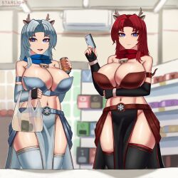 2girls adventurequest_worlds air_conditioner aqw aqworlds artix_entertainment bell big_breasts blue_eyes breasts collar credit_card dual_persona duo female female_only gravelyn gravelyn_the_good grocery_store huge_breasts large_breasts light-skinned_female long_hair midriff multiple_girls red_hair silver_hair skimpy_armor smile standing starlightlit22 thighhighs tummy