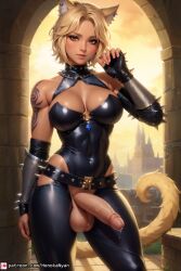 ai_generated animal_ears belt blonde_hair cat_ears cat_tail catgirl futanari golden_eyes honokanyan leather leather_clothing leather_gloves lowres metal_spikes metal_studs penis precum precum_drip rogue short_hair spikes stable_diffusion testicles