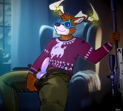 anthro balls clothing comfy deer dolph_(fortnite) epic_games eyewear fortnite genitals gun hi_res looking_at_viewer male male_focus male_only mammal mblaze mood_lighting new_world_deer night penis ranged_weapon reindeer sitting solo suggestive_look sunglasses sweater topwear unzipped unzipped_pants weapon zipper