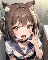 1girls ai_generated azuki_(sayori) cat_ears catgirl fellatio_gesture nekopara sailor_collar sailor_uniform short_twintails steamy steamy_breath tongue_out