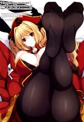 1girls anne_bonny_(fate/grand_order) ass bed_sheet big_breasts black_pantyhose blonde_hair breasts cleavage dialogue embarrassed english_text fate/grand_order fate_(series) feet feet_up female female_only foot_fetish foot_focus huge_breasts large_breasts legs legs_up light_blush long_hair looking_at_viewer naturalton nipple_slip on_bed pantyhose pirate pirate_hat presenting_feet red_eyes soles solo talking_to_viewer thighs