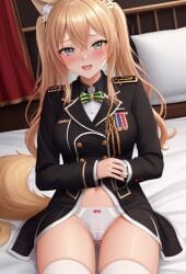 admiral_daisy023 affectionate ai_generated blonde_hair_female blush blushing_at_viewer daisy023 daisy_ornament fleet_admiral_daisy023 hair_between_eyes hair_ornament high_resolution hightlights insignia long_hair looking_at_viewer loving_look medium_breasts military_uniform navel no_pants no_skirt pussy shy sitting_on_bed smile trenchcoat twitch.tv virtual_youtuber vrchat vtuber white_panties wolf_ears wolf_girl wolf_tail