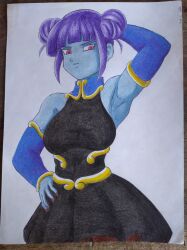 armpits black_dress blue_skin blue_skinned_female breasts brown_pants clothed clothed_female fully_clothed girl hair_bun long_hair long_sleeves medium_breasts painted_nails purple_hair red_eyes red_nails sleeveless_dress super_dragon_ball_heroes traditional_media_(artwork) twin_buns vidro yamidanight