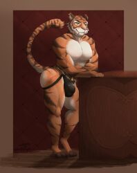 absurd_res anthro ass bedroom_eyes big_bulge big_butt big_pecs bulge clothed clothing digitigrade epic_games felid fortnite fur grin hi_res jewelry jockstrap leaning leaning_forward male male_only mammal muscular muscular_male muscular_thighs narrowed_eyes necktie orange_body orange_fur oscar_(fortnite) pantherine partially_clothed pecs pink_nose raised_tail scar seductive shirtless smile solo stripes tail thick_thighs tiger tight_clothing topwear underwear underwear_only versace vest yannirosegold yellow_eyes