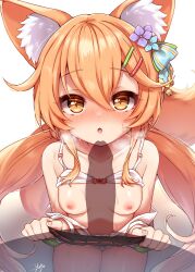 !? 1boy :o animal_ear_fluff animal_ears bangs bell black_skirt blush bra breasts breasts_out brown_eyes clothes_lift collarbone cute_fang eyebrows_visible_through_hair female flower fox_ears fox_girl fox_tail hair_bell hair_between_eyes hair_flower hair_ornament hairclip heart highres korin_(shironeko_project) long_hair looking_at_viewer nipples oerba_yun_fang off_shoulder open_mouth orange_hair panties penis_shadow pleated_skirt shironeko_project shirt signature skirt skirt_lift slit_pupils small_breasts sweat sweatdrop tail underwear white_bra white_panties white_shirt yufukiri