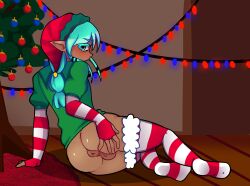 anus anus anus_peek ass ass christmas christmas_clothing christmas_outfit clothed clothing dark-skinned_male dark_skin elf elf_ear looking_at_viewer looking_back male partially_clothed socks submissive submissive_male turquoise_eyes turquoise_hair valerednsfw