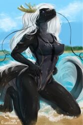 2022 anthro antlers asian_mythology athletic_female black_body black_scales blue_eyes breasts day detailed_background digital_media_(artwork) dragon east_asian_mythology eastern_dragon eleacat female hair hi_res horn human mythology non-mammal_breasts outside scales scalie sky solo white_hair