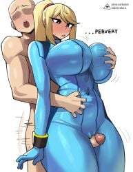 1boy 1girls bimbo blonde_hair bodysuit breast_grab breasts busty cameltoe donburikazoku faceless_male female hi_res hips huge_breasts long_hair looking_at_viewer male metroid nintendo penis samus_aran simple_background skin_tight skindentation thick_thighs thigh_sex thighjob thighs tight_clothing uncensored wide_hips zero_suit_samus