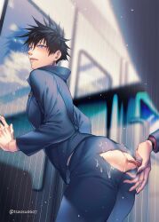 2boys anal anilingus anus ass bent_over black_hair black_jacket black_nails blue_eyes buttons cum cum_in_ass cum_on_clothes fingernails fushiguro_megumi gakuran hand_mouth highres itadori_yuuji jacket jujutsu_kaisen long_sleeves looking_at_viewer male_focus male_only multiple_boys no_panties open_mouth pants ryoumen_sukuna_(jujutsu_kaisen) saliva school_uniform sharp_fingernails short_hair spiked_hair subway sweat tattoo teeth tongue tongue_out torn_clothes torn_pants tsaosu0607 yaoi