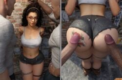 1girls 2boys 3d ass big_ass big_breasts devil_may_cry devil_may_cry_5 glasses imminent_sex imminent_threesome looking_at_viewer nicoletta_goldstein penis smitty34 tank_top tattoos thick_thighs thong tramp_stamp voluptuous voluptuous_female wide_hips