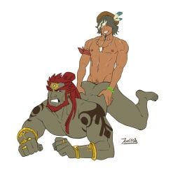 2boys anal ass bara ganondorf ganondorf_(tears_of_the_kingdom) gay green_skin grin jonsfw lying male/male male_only muscle nude size_difference small_dom_big_sub sub_ganondorf tauro_(the_legend_of_zelda) tears_of_the_kingdom the_legend_of_zelda wince