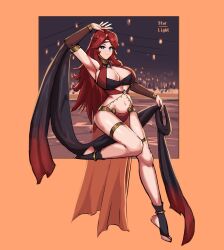 1girls adventurequest_worlds aqw aqworlds arm_up armpits artix_entertainment belly_dancer big_breasts blue_eyes cleavage dancer female gravelyn light-skinned_female red_hair solo starlightlit22 wide_hips