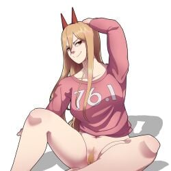 arms_up bottomless bottomless_female chainsaw_man edit female female_pubic_hair horns long_hair pinup_pose power_(chainsaw_man) pussy smiling solo superaxlart sweater thick_thighs third-party_edit