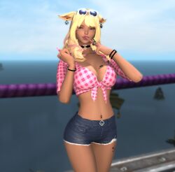 ace_of_spades blonde_hair bracelet breast_tattoo cat_ears choker daisy_dukes earrings final_fantasy final_fantasy_xiv kymestra light-skinned_female miqo'te qos qos_tattoo queen_of_spades queen_of_spades_symbol queen_of_spades_tattoo shorts slut_tattoo spade_choker spade_earrings spade_tattoo sunglasses_on_head tan_body tattoo tattoos