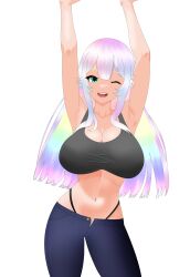 1girls arms_up big_breasts breasts busty curvy female female_only fully_clothed hazel_(oc)_(yojimbra) multicolored_hair original pants rainbow_hair revealing_clothes solo sports_bra thong thong_straps wide_hips yojimbra