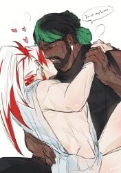 blush clothed clothing dark_skin gay heartsteel_k'sante heartsteel_series heartsteel_yone k'sante kissing league_of_legends long_hair male male/male multicolored_hair muscular muscular_male pale_skin ponytail text_bubble white_hair yaoi yone