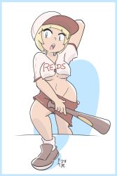 1girls 2023 artist_signature baseball_bat baseball_uniform beverie blonde_hair blue_eyes female female_only fernal-scarlet fondly_aloe fondly_scarlet loose_clothes no_panties original short_hair solo solo_female solo_focus underboob