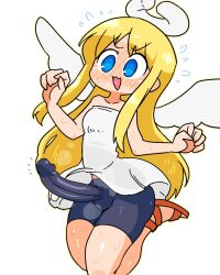 1futa 2020s 2022 angel angel_wings big_penis black_bottomwear blonde_hair blue_eyes blush clothed clothing compression_shorts crap-man crimvael dress embarrassed erect_penis erection erection_under_bottomwear erection_under_clothes eyebrows_visible_through_hair floating fully_clothed futa_only futanari halo heavy_blush humanoid ishuzoku_reviewers latex latex_futa light-skinned_futanari light_skin long_hair open_mouth penis shorts shorts_under_dress solo solo_futa spiral_eyes white_background white_topwear