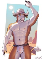 anthro bovid bovine brown_body brown_fur cattle clothed clothing cowboy_hat desert ear_tag flaccid front_view fur genitals hair hat headgear headwear hi_res horn humanoid_genitalia humanoid_penis jockstrap jockstrap_only male male_only mammal muscular muscular_anthro muscular_male nipples outside penis sigma_x sky solo standing sun tail tail_tuft topless translucent translucent_clothing tuft underwear underwear_only white_body white_fur white_hair