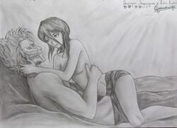 1boy 1girls arched_back bigger_male bleach female female_on_top grimmjow_jaegerjaquez kuchiki_rukia male male/female on_lap shirtless shorts size_difference smaller_female straddling straight topless traditional_media_(artwork)