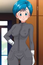 ai_generated blue_eyes blue_hair bodysuit bulma_briefs cameltoe dragon_ball_(series) dragon_ball_super female female_only looking_at_viewer medium_breasts nekom14 nipples_visible_through_clothing short_hair solo white_gloves