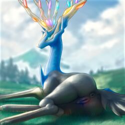 antlers anus ass blue_eyes deer female feral fur generation_6_pokemon genitals horn legendary_pokemon lying mammal nintendo nude pokemon pokemon_(species) pussy solo tohjoma xerneas