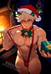 abs ai_assisted ai_generated bakugou_katsuki blush boku_no_hero_academia christmas christmas_present gay haruartx katsuki_bakugou looking_at_viewer male male_focus male_only muscular_male my_hero_academia pecs reindeer_antlers santa_hat sweat sweatdrop yaoi