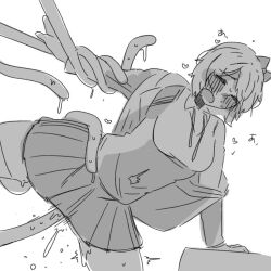 1female 1girls 2023 blush breasts closed_eyes clothed clothes clothing cum doki_doki_literature_club eyes_closed hair_ribbon heart hearts implied implied_sex kentylevel monochrome mouth_open open_mouth sayori_(doki_doki_literature_club) short_hair sketch skirt tentacle tentacle_sex tentacles