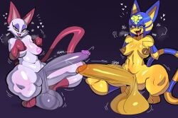 2024 2futas animal_crossing ankha anthro areolae ass balls big_ass big_balls big_butt big_penis blue_eyes blue_hair bodily_fluids breasts cat_ears cat_tail dark_nipples domestic_cat erect_nipples eyebrows eyeshadow futa_only futanari large_penis looking_at_viewer looking_back nintendo nipples nude nude_female olivia_(animal_crossing) open_mouth penetration pink_nipples precum precum_drip precum_string shiny_skin squatting tayuri text thick_thighs thighs tongue tongue_out white_body white_fur wide_hips yellow_body yellow_skin