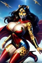 1girls ai_generated anthro anthrofied big_breasts black_hair blue blue_eyes boots bracelets cape cheetah cleavage dc dc_comics diana_prince female female_solo flying furry gold_tiara high_heel_boots long_hair solo solo_female spandex tagme tiara wonder_woman wonder_woman_(series)