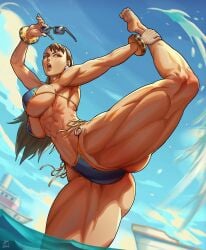 1girls abs asian asian_female big_pussy bikini blue_sky bracelet breasts brown_eyes brown_hair capcom chun-li earrings fat_mons fat_pussy feet female highres jewelry kick kicking large_breasts long_hair looking_to_the_side mature mature_female muscular muscular_female muscular_legs muscular_thighs ocean plump_labia ponytail ship sky solo street_fighter street_fighter_6 swimsuit thick_thighs thighs toned toned_female underboob watercraft watermark xeviousg