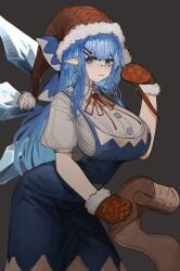 1girls aged_up big_breasts blue_eyes blue_hair breasts cirno clothed_female fairy fairy_wings glasses grey_background light-skinned_female long_hair pointy_ears round_glasses santa_costume santa_gloves tomatolover16 touhou unamused