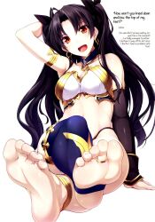 1girls :d anklet armlet armpits asymmetrical_legwear asymmetrical_sleeves bare_shoulders barefoot black_armwear black_hair blue_legwear breasts choker cleavage collarbone crossed_legs dialogue divine_slut earrings english_text fate/grand_order fate_(series) feet feet_towards_viewer female female_only foot_fetish foreshortening goddess hair_ornament hair_ribbon hand_behind_head highres hoop_earrings ishtar_(fate) jewelry long_hair looking_at_viewer medium_breasts midriff nail_polish naturalton navel offscreen_male open_mouth pink_nails red_eyes ribbon shiny_hair shiny_skin simple_background single_elbow_glove single_thighhigh sitting smile soles solo stirrup_legwear talking_to_viewer thighhighs toe_ring toeless_legwear toenails toes twintails two_side_up white_background