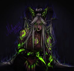 2023 2d demon_hunter demon_hunter_(warcraft) elf elf_ears female glowing_eyes green_eyes horns nidarosis night_elf night_elf_demon_hunter pointy_ears white_hair world_of_warcraft