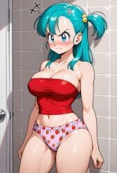 1girl ai-created ai_generated angry animated aqua_hair bare_shoulders blue_eyes blue_hair blush bow bow_panties bow_underwear breasts bulma_briefs clavicle cleavage clothes_pull clothing cowboy_shot dragon_ball dragon_ball_(classic) female female_only food_print fruit_print hair_ornament has_audio large_breasts layered_clothes lifted_by_self long_hair looking_at_viewer mp4 navel pantsu panty_pull pink_clothing pink_panties pink_underwear pixiv ponytail portrait print_panties print_underwear red_panties red_shirt red_tube_top red_underwear rena_aikawa_(pixiv_user) shirt solo standing strapless_shirt strawberry_panties strawberry_print tagme thighs tied_hair underwear underwear_pull video