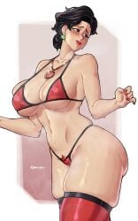 1girls bikini black_hair blush breasts disney female female_only large_breasts mature_female milf ming_lee pixar pokko_(artist) pubic_hair solo standing thick_thighs thigh_gap thighhighs thunder_thighs turning_red voluptuous white_background wide_hips