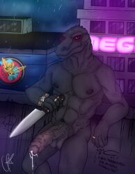 2d 2d_(artwork) anthro big_penis city cum epic_games erection foreskin fortnite gradient_penis hi_res holding_knife humanoid_genitalia humanoid_penis jewelry komodo_dragon leaning_back lizard looking_at_viewer male male_only muscular muscular_male nipples notrav penis precum red_eyes scalie solo thunder_(fortnite)