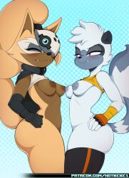 2girls abstract_background alternate_version_available anthro arm_wraps ass blush bottomless breasts canid canine canis closed_eyes clothed clothing duo female female_only fur furry gloves half-closed_eyes hands_on_hips handwear hi_res high_resolution hotkeke1 lemur looking_at_another mammal medium_breasts mobian_(species) narrowed_eyes nipples nipples_touching nude one_eye_obstructed paid_reward primate purple_eyes raised_clothing raised_shirt raised_topwear sega shirt sonic_(series) sonic_the_hedgehog_(series) strepsirrhine tangle_the_lemur tank_top text thick_thighs thighhighs thighs topwear whisper_the_wolf wolf wraps