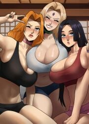 3girls absurdres alternate_version_available asymmetrical_docking black_hair bleach blonde_hair blushing boa_hancock booty_shorts breasts_touching crossover drunk echosaber fat_breasts female female_only flat_belly fully_clothed huge_breasts japanese_room light_skinned_female long_hair matsumoto_rangiku milf naruto naruto_(series) naruto_shippuden one_piece orange_hair shounen_jump sports_bra the_big_6 thick_thighs tsunade voluptuous voluptuous_female voluptuous_milf wide_hips